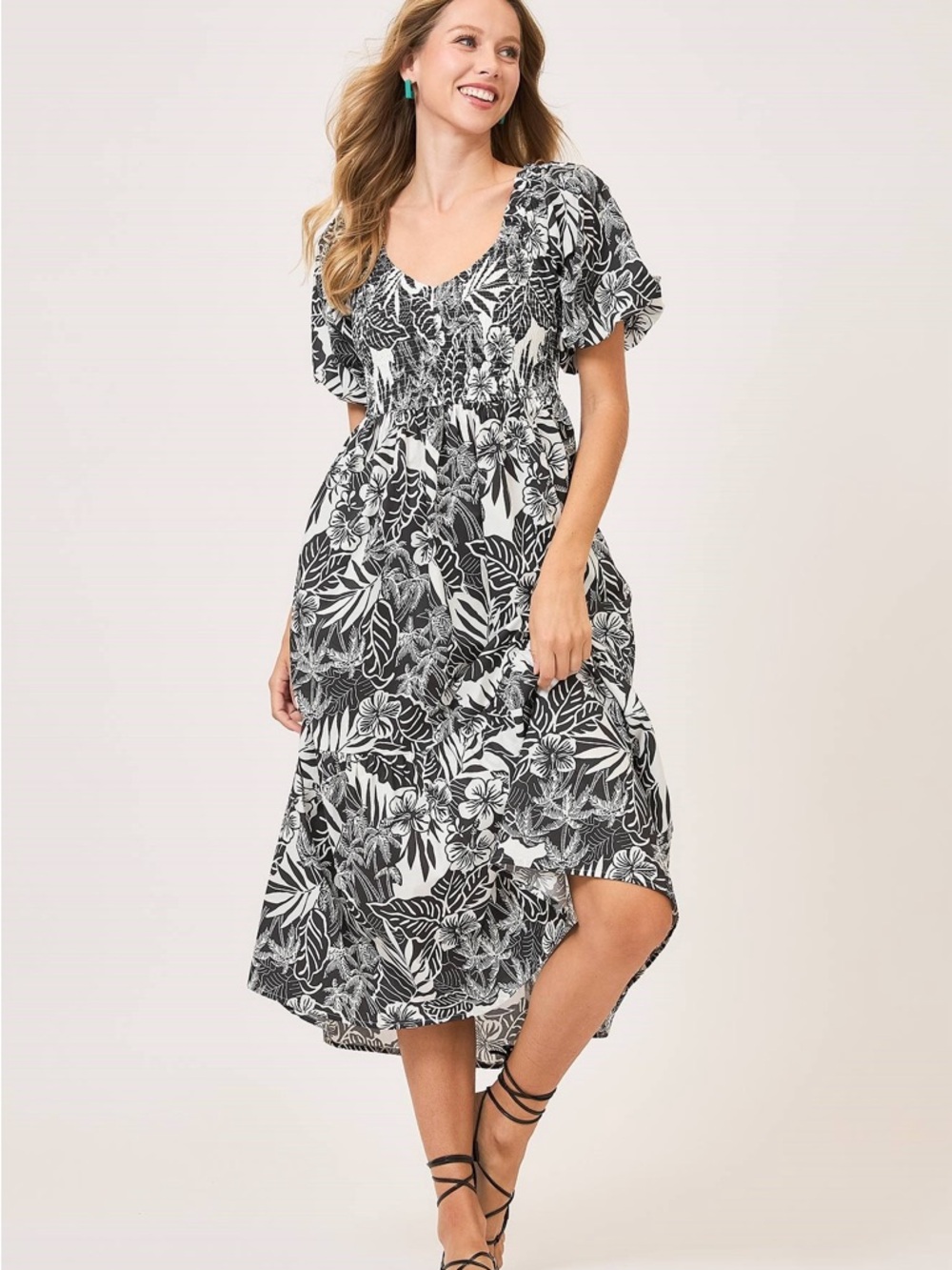 Umgee Black & White Floral High-Low Midi Dress